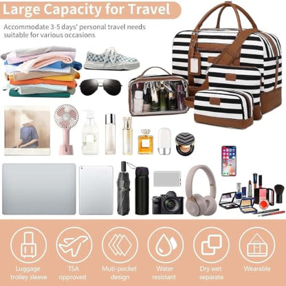 4PCS Weekender Bags for Women Large Overnight Weekend Travel Duffel Bags - color: Wide Black White-CH