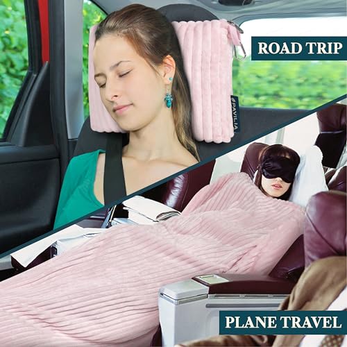 PAVILIA Travel Blanket Pillow, Soft Ribbed Fleece Airplane Blanket, Pink - color: Pink