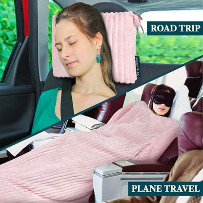 PAVILIA Travel Blanket Pillow, Soft Ribbed Fleece Airplane Blanket, Pink - color: Pink