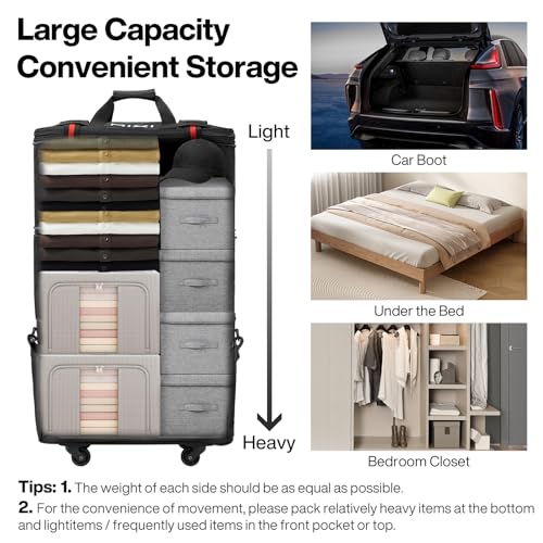 mixi Travel Bag with Wheels Expandable Foldable Luggage Bag Collapsible Rolling Travel Bag Duffel Bag Large Capacity Suitcase for Men Women, Black - color: Black