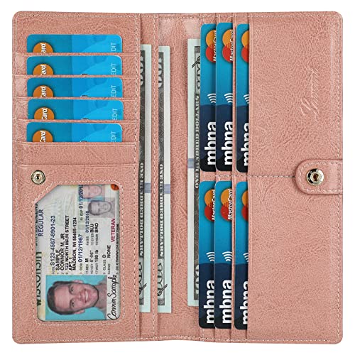 Lavemi Ultra Slim Thin Leather Women Wallet RFID Blocking Credit Card Holder Bifold Long Ladies Billfold - color: 1-waxed Dark Pink