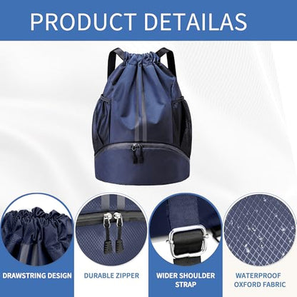 JELUTAR Drawstring Backpack Gym Bag with Shoes Pocket, Navy Blue - color: Navy Blue, size: Large