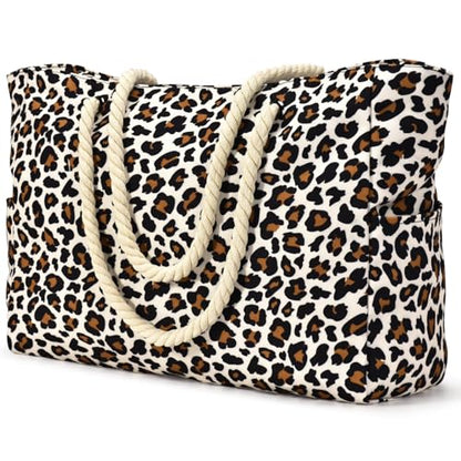 Becokan Beach Bag Large Beach Tote Bag for Women Waterproof Sandproof Swim Pool Bag With Zipper - color: White Leopard
