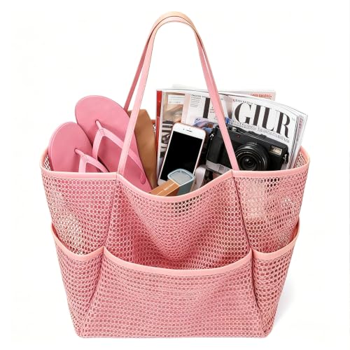 Large Beach Bags for Women, Mesh Beach Tote with Zipper, Foldable Pool Tote Bag Travel Beachbag Waterproof Sandproof - color: Pink - More Pockets