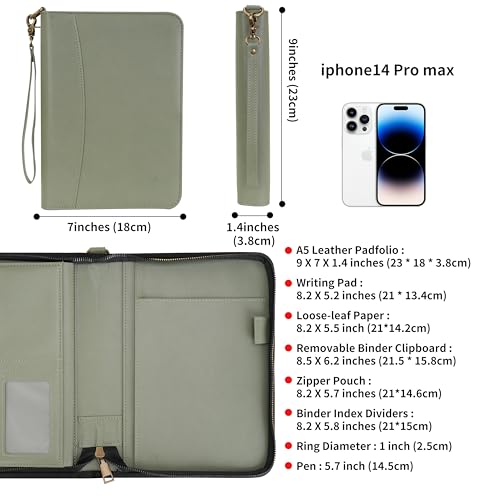 WASON Portfolio A5 Binder Journal with Zipper - Leather pu Writing Notebook Padfolio with Detachable Refillable Notebook, Legal Pad for Business Study and Travel Organizer (Green) - color: Green