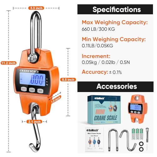 ROMECH 660lb Digital Hanging Scale, Aluminum Crane Scale with Hooks - color: Orange, size: 660lbs