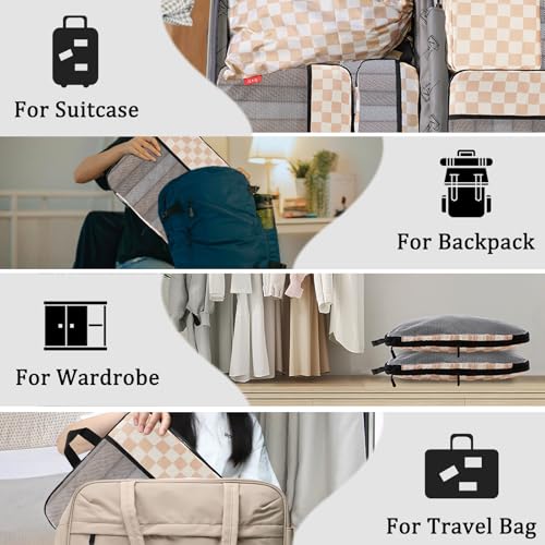 U+U 4 Set Compression Packing Cubes, Travel Organizers (Khaki Checkered) - color: Khaki Checkered, size: 4 Set