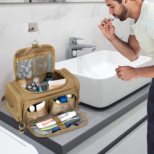 Tactical Toiletry Bag for Men, Hanging Hygiene Bag, Travel Dopp Kit - color: Khaki