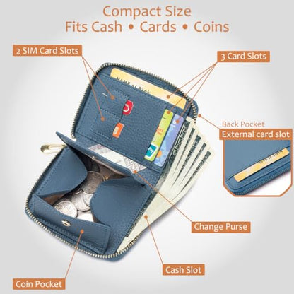 Small Leather Travel Wallet for Women, RFID Blocking Zip Around - color: Navy Blue