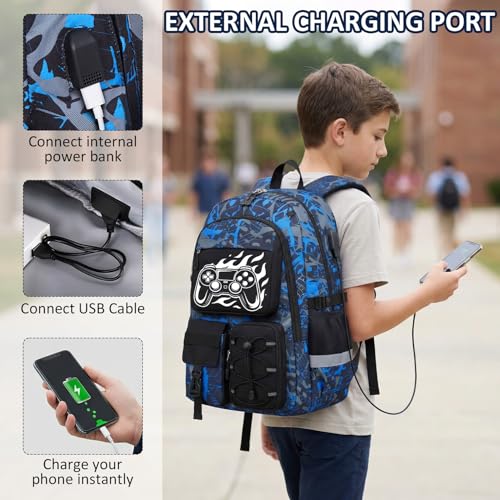 School Backpack for Boys - 4pcs Gamer Boys Backpack with Lunch Box Set for Kids Teens Elementary Middle High School,18″ Large Capacity Students Bookbag with Usb Charging Port & Key-chain - color: Blue-game03-set