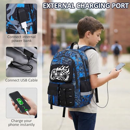 School Backpack for Boys - 4pcs Gamer Boys Backpack with Lunch Box Set for Kids Teens Elementary Middle High School,18″ Large Capacity Students Bookbag with Usb Charging Port & Key-chain - color: Blue-game03-set