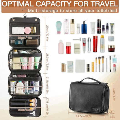 Elviros Hanging Toiletry Bag Removable Travel Bag PU leather Makeup Cosmetic Organizer Kit, Black - color: Black, size: 1 Pack