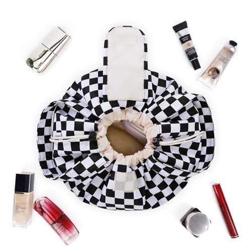 Narwey Lay Flat Drawstring Makeup Bag, Travel Toiletry Cosmetic Bag Women - color: Z-Black Checkerboard