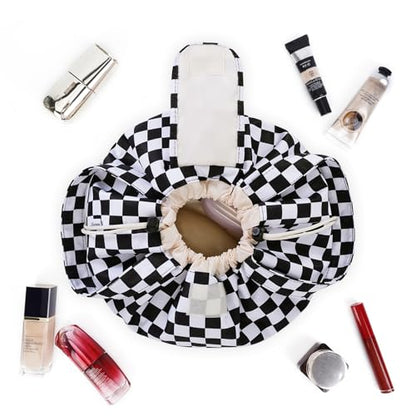 Narwey Lay Flat Drawstring Makeup Bag, Travel Toiletry Cosmetic Bag Women - color: Z-Black Checkerboard
