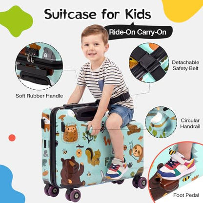 20" Kids Ride On Suitcase, Lightweight Hardshell Travel Luggage with Wheels - color: Green