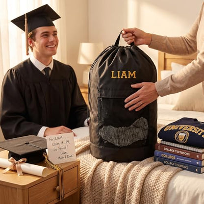 Personalized Laundry Bag Heavy Duty Custom Graduation University XL Bag Backpack with Hanging Shoulder Strap & Mesh Pocket - Back to School College Graduation Gift - Choose Your Font & Thread Color - color: Black
