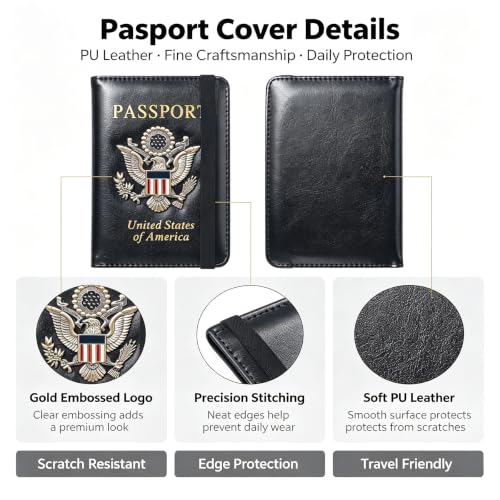 Premium Passport Holder for Travel RFID Blocking Passport Cover Slim - color: Black
