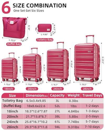 LARVENDER Luggage Sets 6 Piece Expandable Suitcases Set, Glossy Very Berry - color: Glossy Very Berry-6PC, size: Family Set