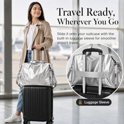Gym Bag for Women Men, Expandable Travel Duffel Bag with Shoe Compartment - color: Silver