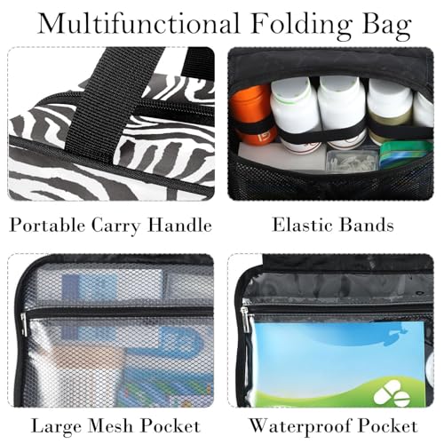 Travel Toiletry Bag for Woman/Men, Modern Wild Animal Zebra Skin Black and White Hanging Organizer Bag with Pockets Portable Folding Travel Case Bags for Makeup Cosmetic Toiletries Traveling-L - size: Large: 12.6 x 9.06 x 5.71 Inches, style: Black and Whi