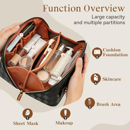Travel Makeup Bag Large Capacity Cosmetic Bags for Women, Waterproof Toiletry Bag Open Flat Makeup Bag with Compartments and Handle, Portable Cosmetic Organizer Pouch, Diamond Black - color: Diamond Black