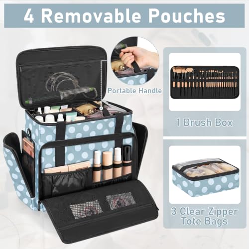 Extra Large Rolling Makeup Bag with Trolley and 4 Removable Pouches - color: Polka Dots