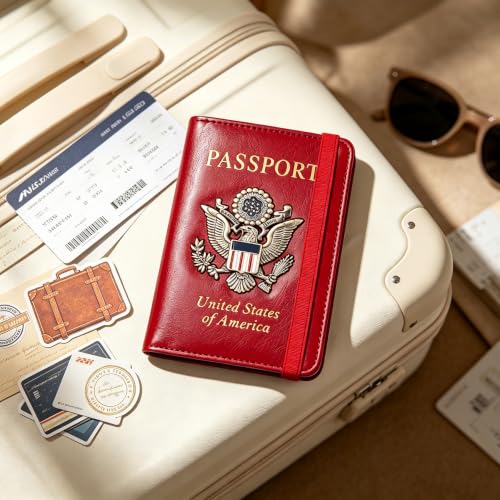 Premium Passport Holder for Travel RFID Blocking Passport Cover Slim - color: Red