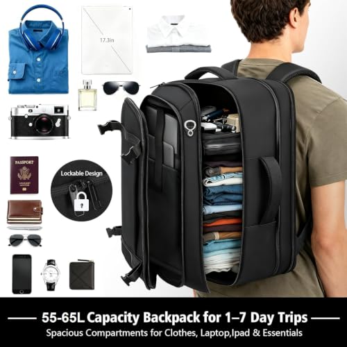 Roomy Carry On Backpack, Expandable Large Capacity Travel Backpack 1-7 Days - color: Black, size: 18.4inch (22"x14"x5.5")
