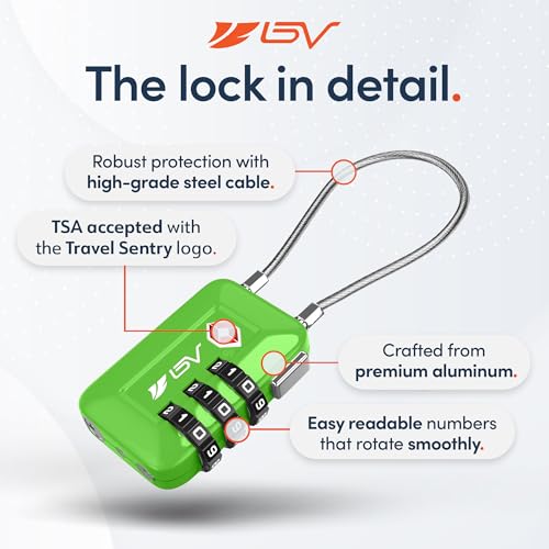 BV Luggage Locks TSA Accepted, Travel Sentry Approved 3-Digit Combination Suitcase Locks with Open Alert & Flexible Cable for Travel, Backpacks, Lockers, Cases, Green, 2 Pack - color: Green 2-Pack