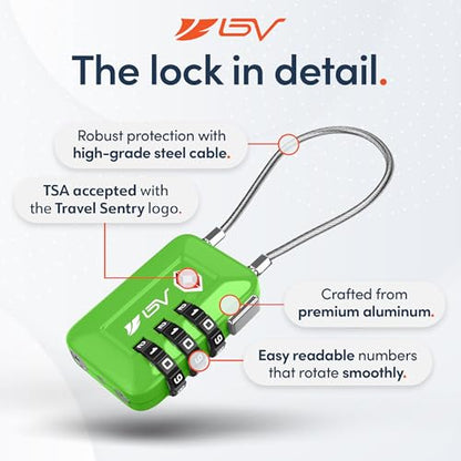 BV Luggage Locks TSA Accepted, Travel Sentry Approved 3-Digit Combination Suitcase Locks with Open Alert & Flexible Cable for Travel, Backpacks, Lockers, Cases, Green, 2 Pack - color: Green 2-Pack