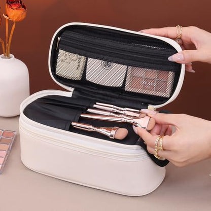 Double Layer Medium Capacity Portable Travel Makeup Bag Waterproof Organizer Women Easy Clean Convenient Carry On Cosmetic Storage - color: Cream White