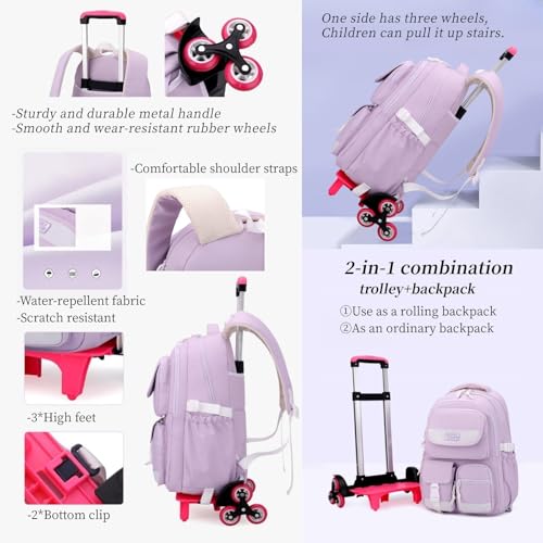 MITOWERMI Rolling Backpack for Girls Boys Backpack with Wheels, Kids Roller Trolley Bags Wheeled School Bookbag Black-6 wheels - color: 6 Wheels-black