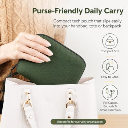 Electronics Travel Organizer, Compact Charger Case | Soft padded polyester helps protect cables, power banks, adapters and earbuds from light splashes and daily scratches - color: Green