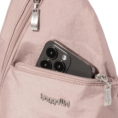 Baggallini Mini Sling - 12x7 Sling Crossbody Bag Backpack with Adjustable Shoulder Strap - color: Blush Shimmer
