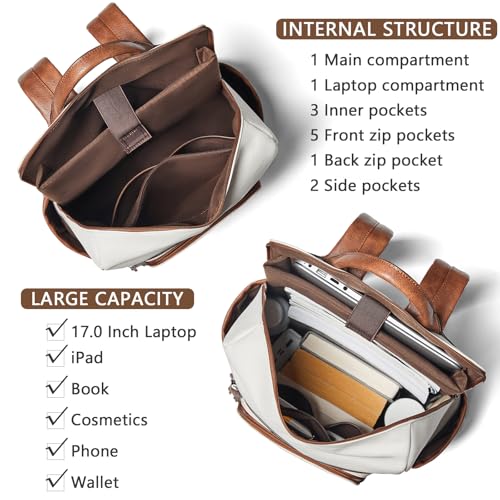 Shrrie Upgraded 17 inch Leather Laptop Backpack for Women - color: Beige With Brown