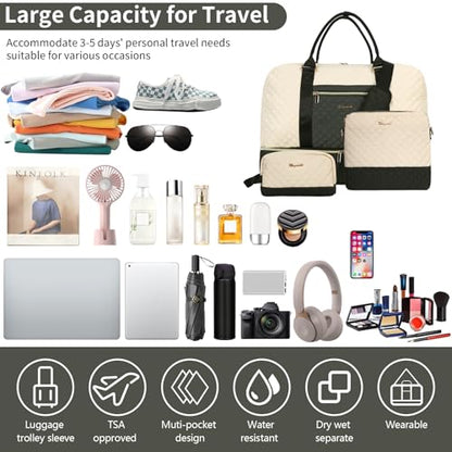 3PCS Weekender Bags for Women Large Overnight Bag, Black Beige Green - color: Black Beige Green