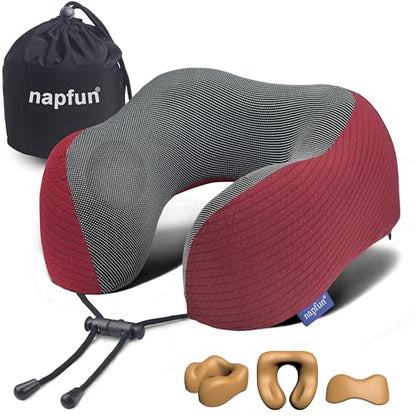 napfun Neck Pillow for Travel, Memory Foam Airplane Pillow, Burgundy - color: Burgundy