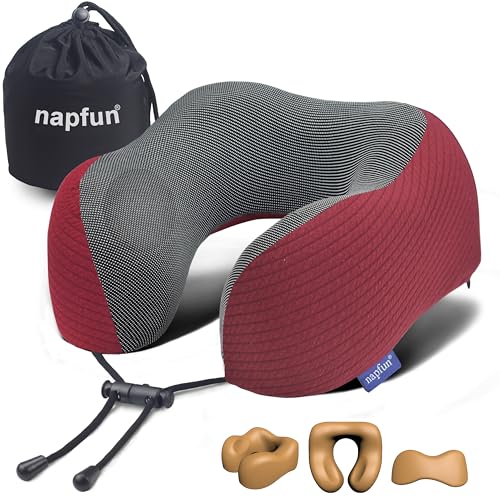 napfun Neck Pillow for Travel, Memory Foam Airplane Pillow, Burgundy - color: Burgundy