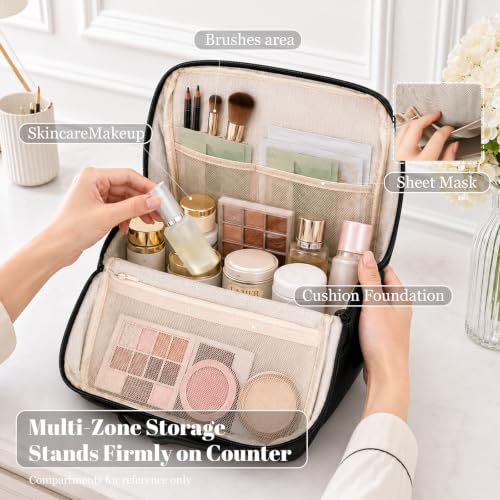 Travel Makeup Bag Cosmetic Organizer Case Standing Makeup Bag（Black） - color: Black