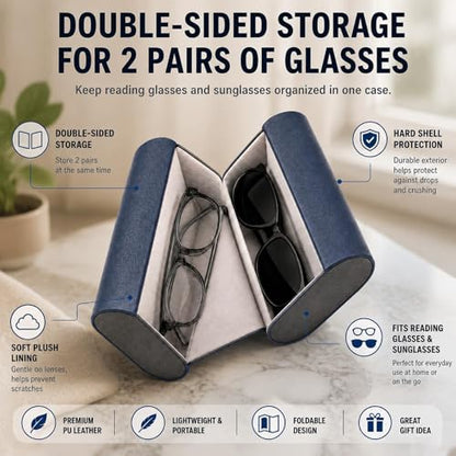 Double Sided Glasses Case Hard Shell,Sunglasses Case & Eyeglass Case with Cleaning Cloth & Storage Pouch - color: Navy Blue-drak Gray