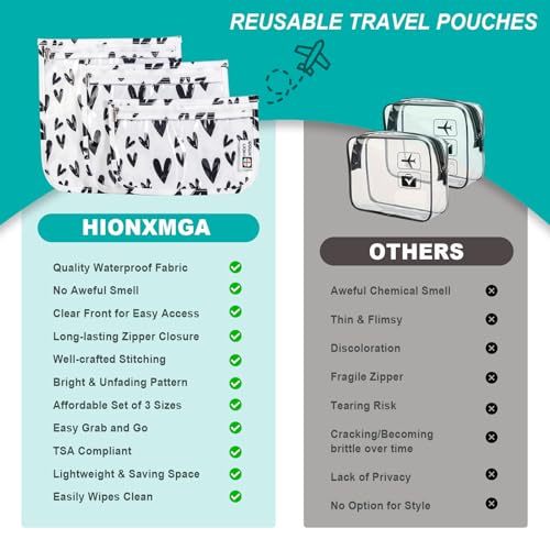 HIONXMGA Set of 3 Clear Travel Toiletry Bag, TSA Approved, Quart Size S/M/L - color: Hearts, Mixed Sizes