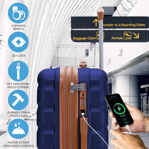 Flight Knight 22x18x10 Expandable Carry On Suitcase Hardside TSA Lock & USB C Port Lightweight Luggage Silent Double Spinner Wheels Maximum Spirit Overhead Carry-On Bag Airlines Approved Black/Tan - color: Navy/Tan, size: 22x18x10"