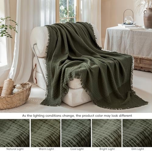 Muslin Fringe Blankets for Adults 100% Cotton Cloud Soft - color: Olive Green, size: Super King (108" × 98")