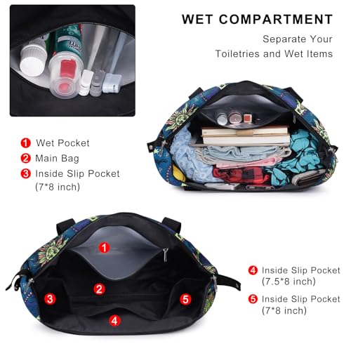 Expandable Duffel Bag for Women with Trolley Sleeve/Wet Pocket Weekender Travel Tote Large Carry On Overnight Luggage - color: Sun and Moon