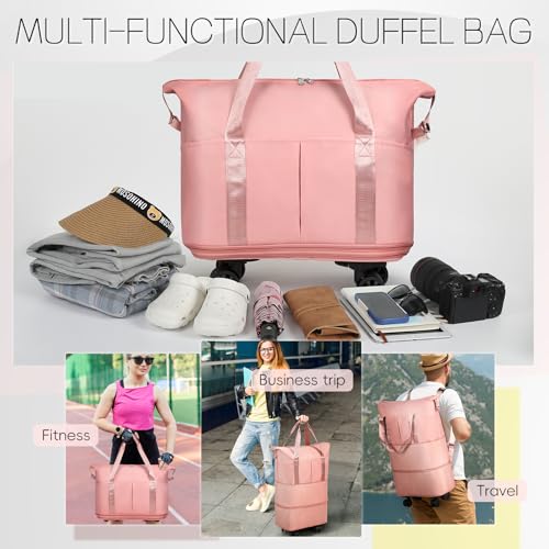 Duffel Bag with Wheels - Rolling Foldable Expandable Duffle bags for Travel, Rolling Under Seat Luggage Carry On Travel Bag, Large Wheeled Overnight Weekender Bag (Pink) - color: Pink