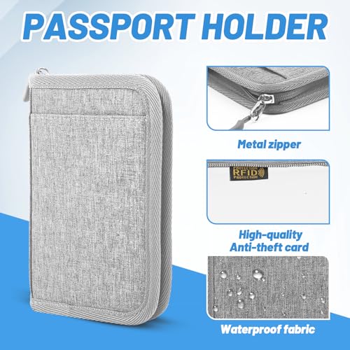 Passport Holder for Travel, RFID Blocking Wallet for Couples Men and Family - color: Grey