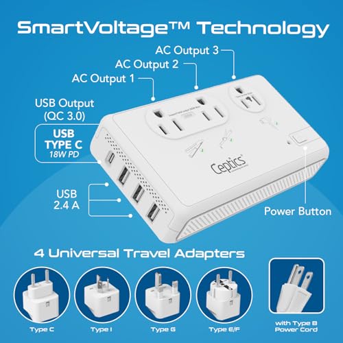 Ceptics 220V to 110V Converter,2X 200W + 1x 2000W, USB-C PD 18W, 4 USB - color: Beige