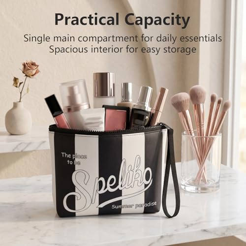 Makeup Bag with Wrist Strap, Waterproof Neoprene Cosmetic Pouch, Travel Toiletry Bag for Women, Compact for Purse - color: Black & White