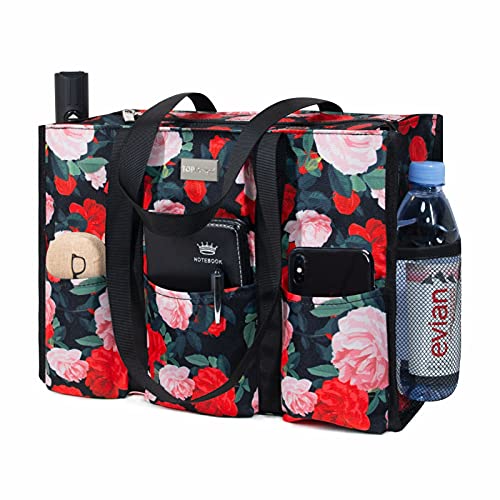 TOPDesign Utility Water Resistant Tote Bag with 13 Pockets, Zipper Closure - color: Chinese Rose, size: Medium
