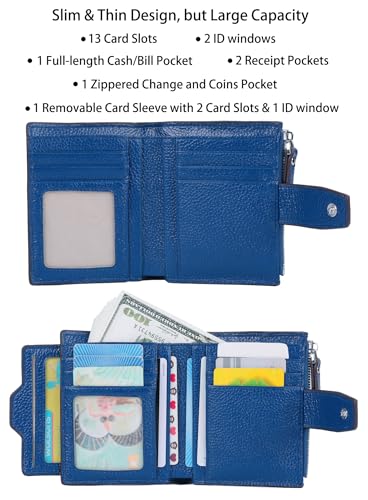 Women's RFID Blocking Leather Small Compact Bi-fold Zipper Pocket Wallet Card Case Purse with id Window - color: Lichee Blue